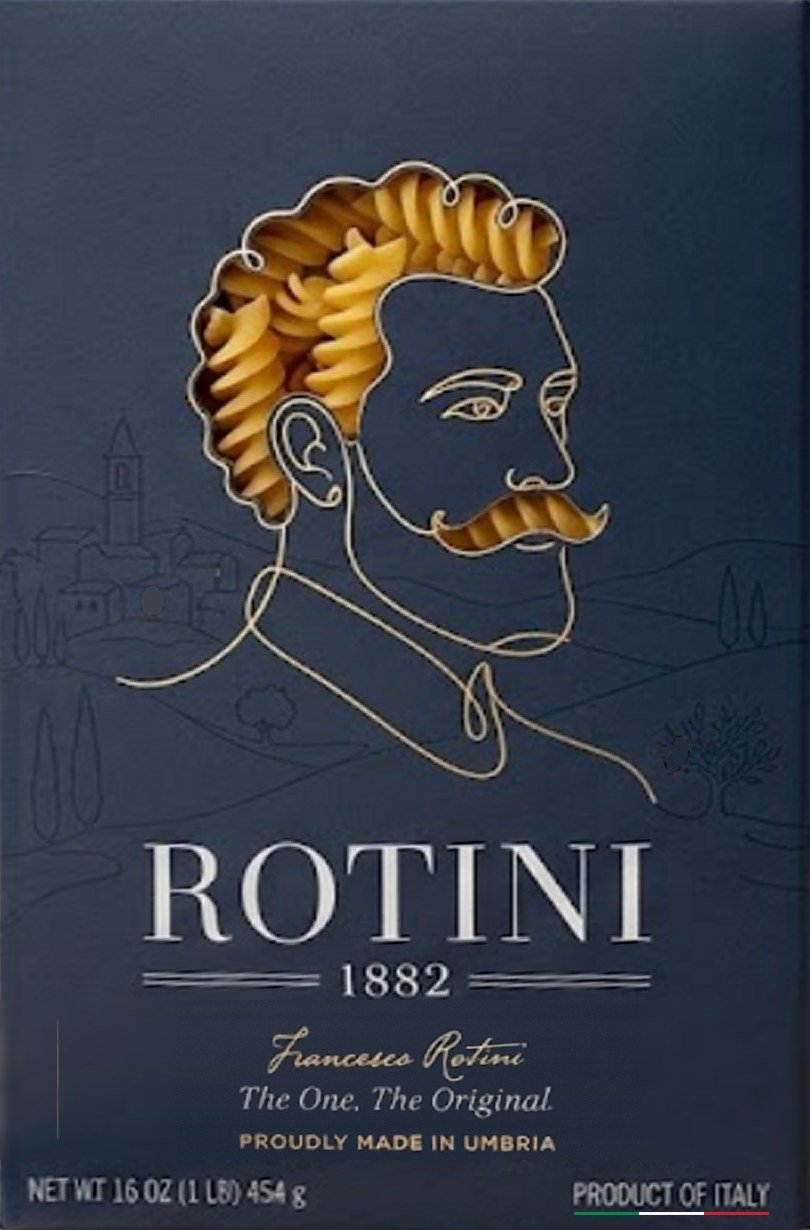 Front of the box: Francesco Rotini drawn in a single gold line, his curls and moustache cut out to show the fusilloni