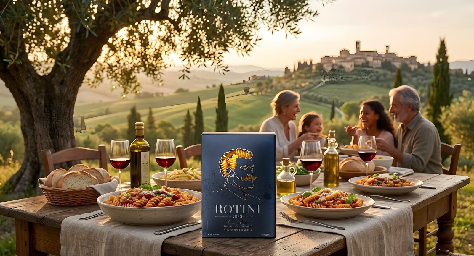 A family dinner under an olive tree in the hills of Umbria at sunset, with the Rotini 1882 box on the table